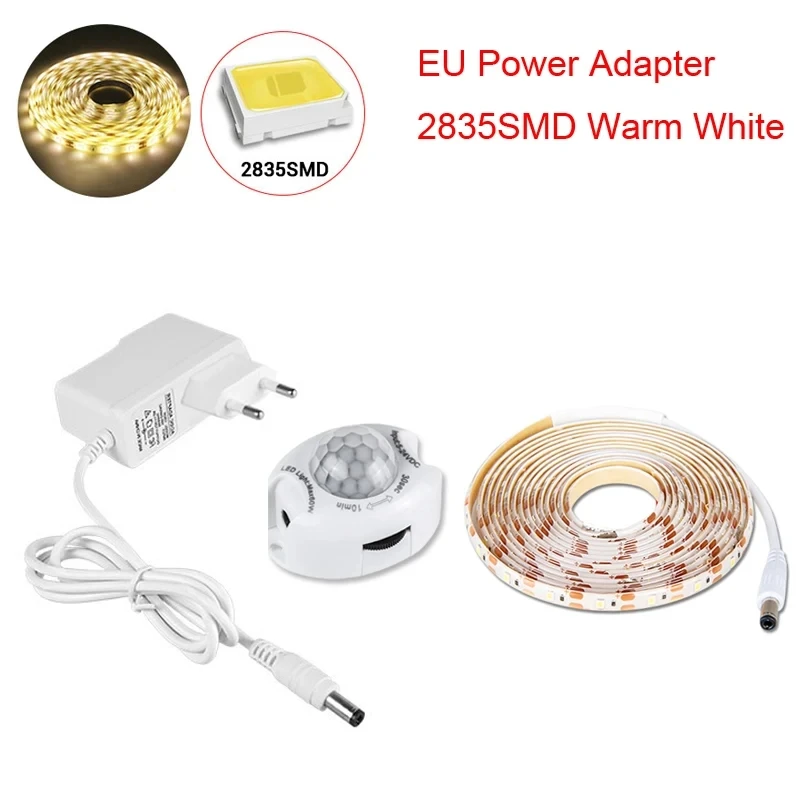 MeeToo Bewegungsmelder unter Schrankbeleuchtung, Schrank, Küche, Bett, Notfall-Nachtlicht, flexibler LED-Streifen, DC 12 V, US-EU-Netzteil 6