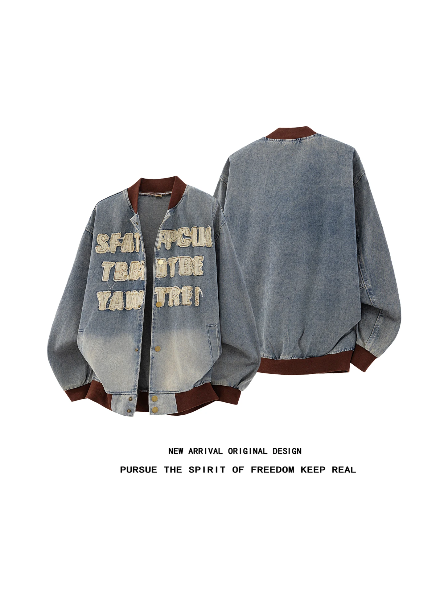 Retro Patchwork Embroidery Baseball Denim Jacket Loose Fit American High Street Washed Design Sense Outerwear for Men