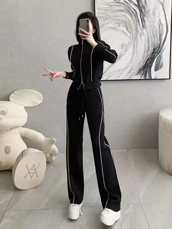 Fashionable plus Size Sportswear Set High Waist Wide Leg Pants Long Sleeve Zipper Closure Korean Style Commute Wear Spring Au...