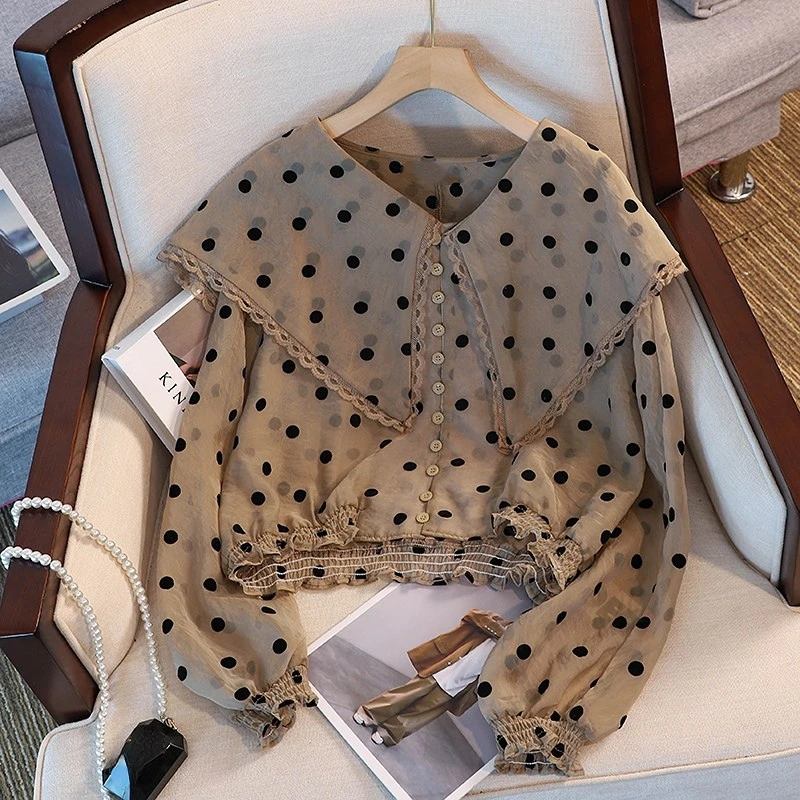 Short Puff Sleeve Doll Collar Chiffon Polka Dot Shirt Women Vintage Blouse Blusas Mujer Spring Perspective  Elegant Tops