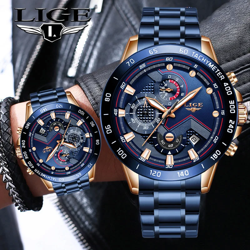 2023 New LIGE Fashion Mens Watches Stainless Steel Top Brand Luxury Sport Chronograph Quartz WithWatch For Men Relogio Masculino