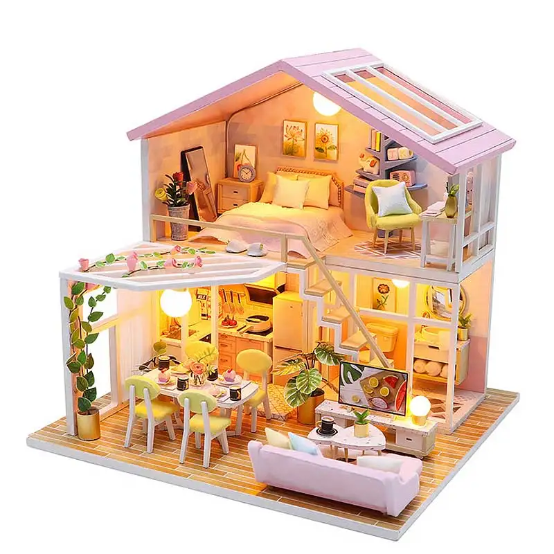 Wooden Mini Doll House Kit  3D Puzzle Assembly Model Building Model Toy Home Decoration With Furniture LED Lights Xmas Gifts