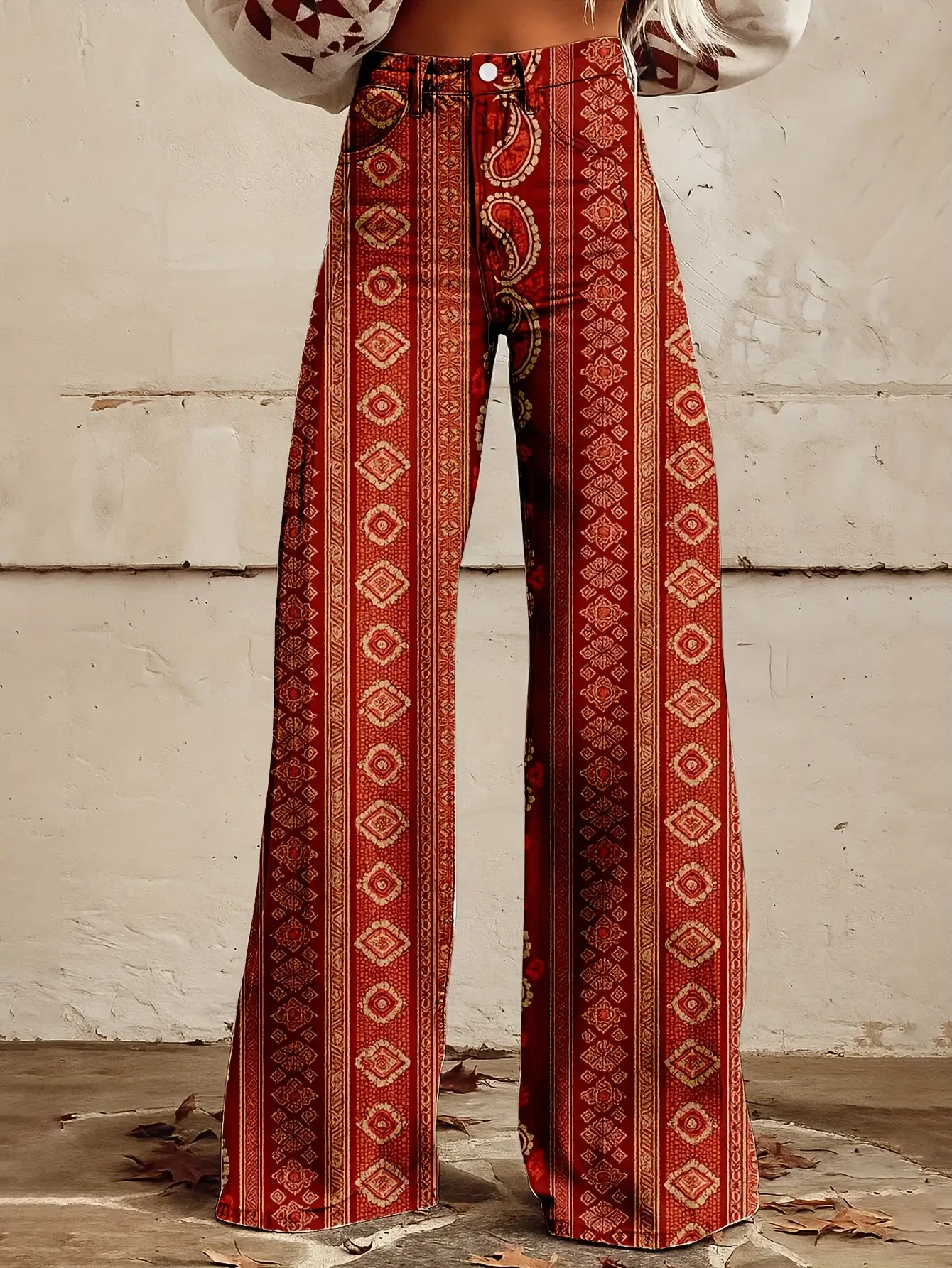 Women's printed exquisite pattern wide leg imitation jeans, Non denim printed pants, high waisted loose flared pants