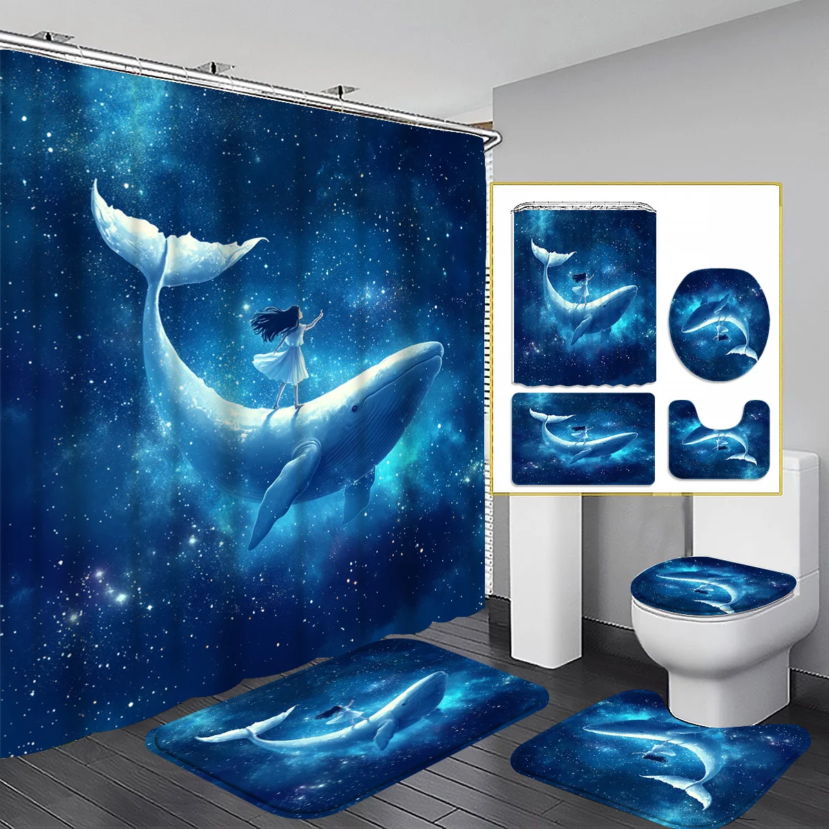 

4pcs Nordic Simple Healing Starry Sky Whale Girl Pattern Shower Curtain Set Bathroom Curtain, Bathroom Decor Shower Curtain,