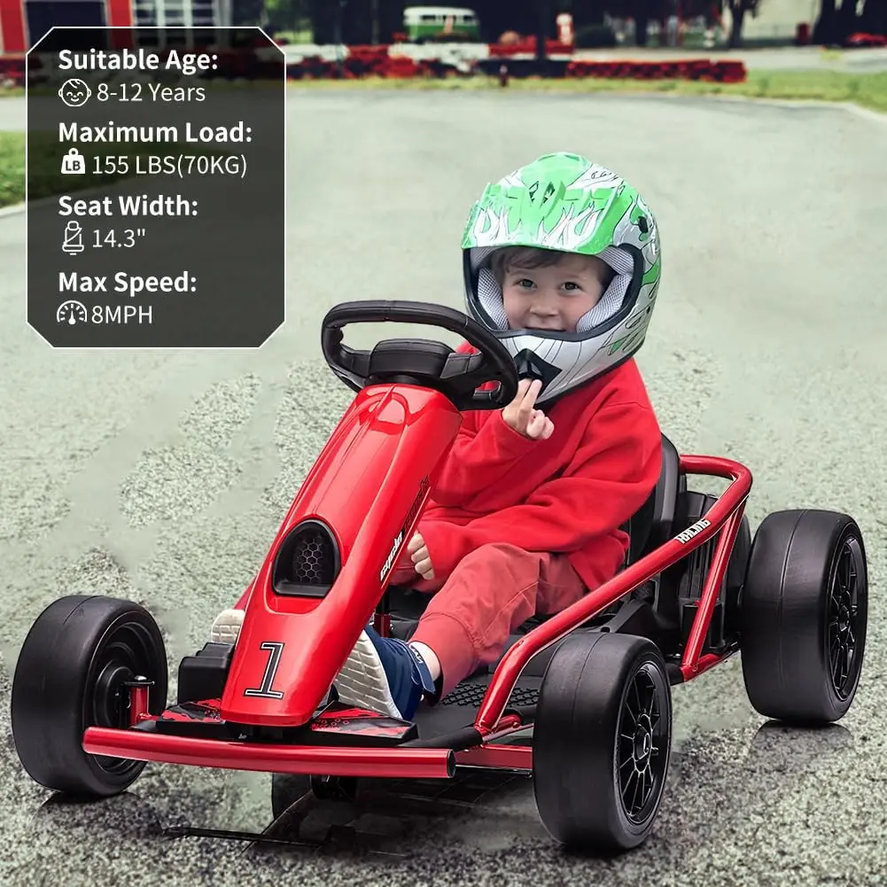 Kart for Kids 8-12 Years, 300W*2 Extra Powerful Motors, 9Ah Large Battery 8MPH High Speed Drifting with Music, Horn,Max Load 175