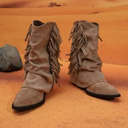 Spring New Coarse Heel Shoes Women's Fashion Pointed Suede Sleeve Tassel Soft Sole Non-slip Short Boots