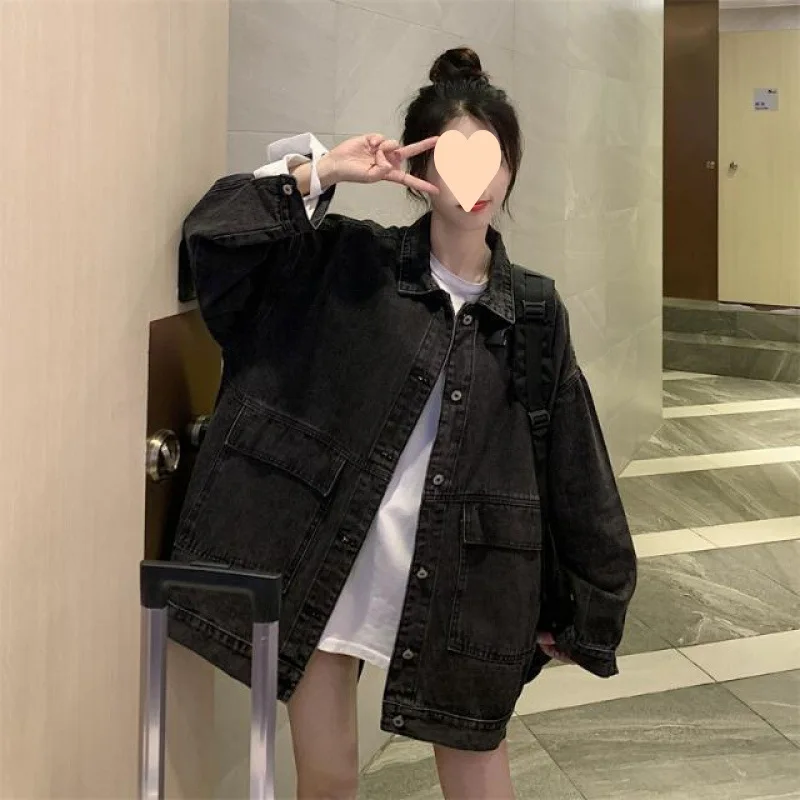 Giacca di jeans nera stile Hong Kong da donna 2024 primavera e autunno nuova versione coreana giacca a maniche lunghe da studente allentata top tide