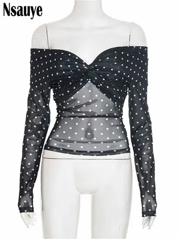 Nsauye 2025 Nya Damprickiga Långärmade T-shirts Sexiga Klubbmode Genomskinliga Off Shoulder Mode Crop Tops Y2K Kläder 8 best sales gepard y2k - №4