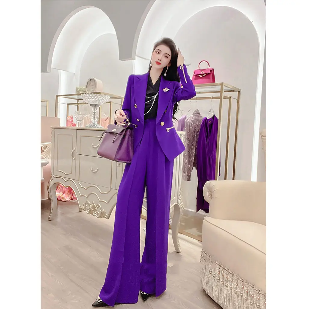 Women\'s Fashion Purple Color Blazer Set 2024 Spring Autumn Double Breasted Two Pieces Suits Elegant Ladies Blazer Coat +Trousers