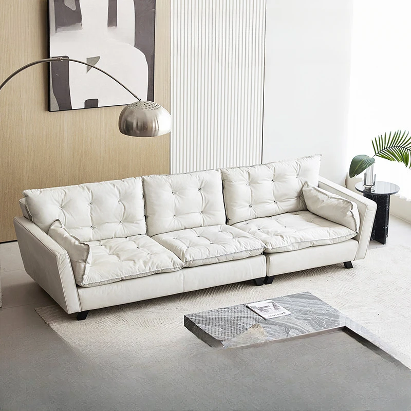 Leather sofa, small living room, top layer, cowhide, three person leather, Italian minimalist pull point design, leather sofa