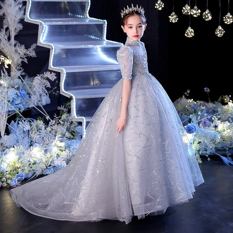 

Girls' Formal Dress 2025 New Gray Tail Piano Princess Dress Elegant and Dignified Little Host Show Puffy Tulle