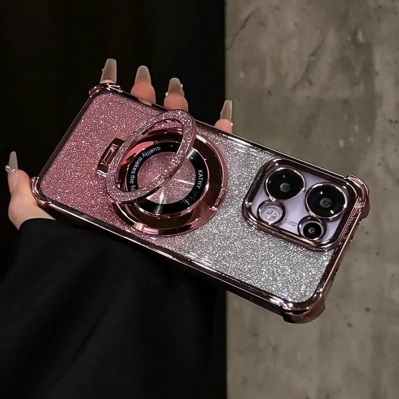 Glitter Magnetic Mirror Holder Case For OPPO A79 A2 5G A78 A38 A18 A17 A16 A15 A15S A3 PRO A76 A96 A57 2022 A54 A58A53 A33 2020