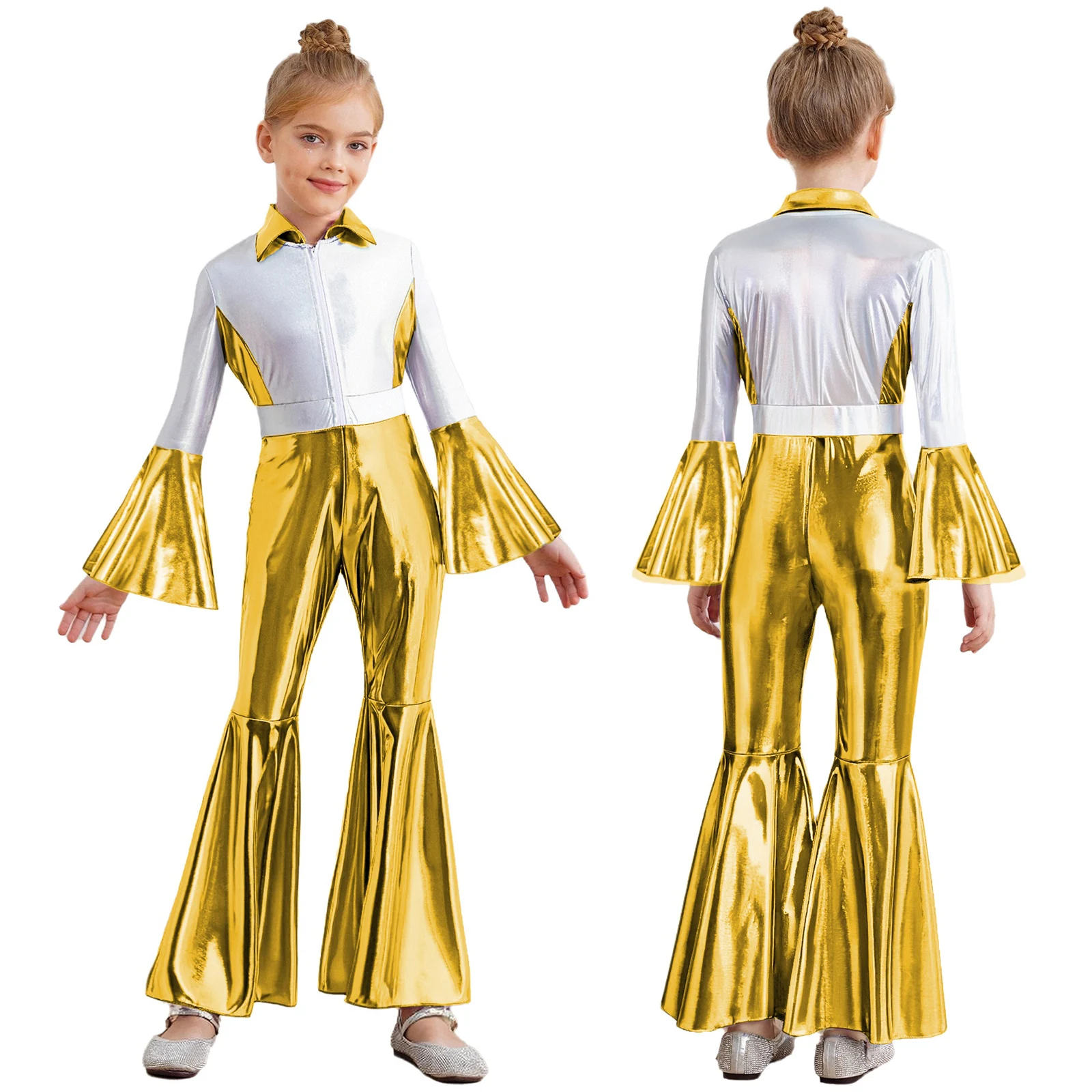 

Детский блестящий металлический комбинезон 70-х годов для девочек, диско-комбинезон на Хэллоуин, хиппи, карнавальный костюм для выступлений, боди с расклешенными рукавами и расклешенными рукавами