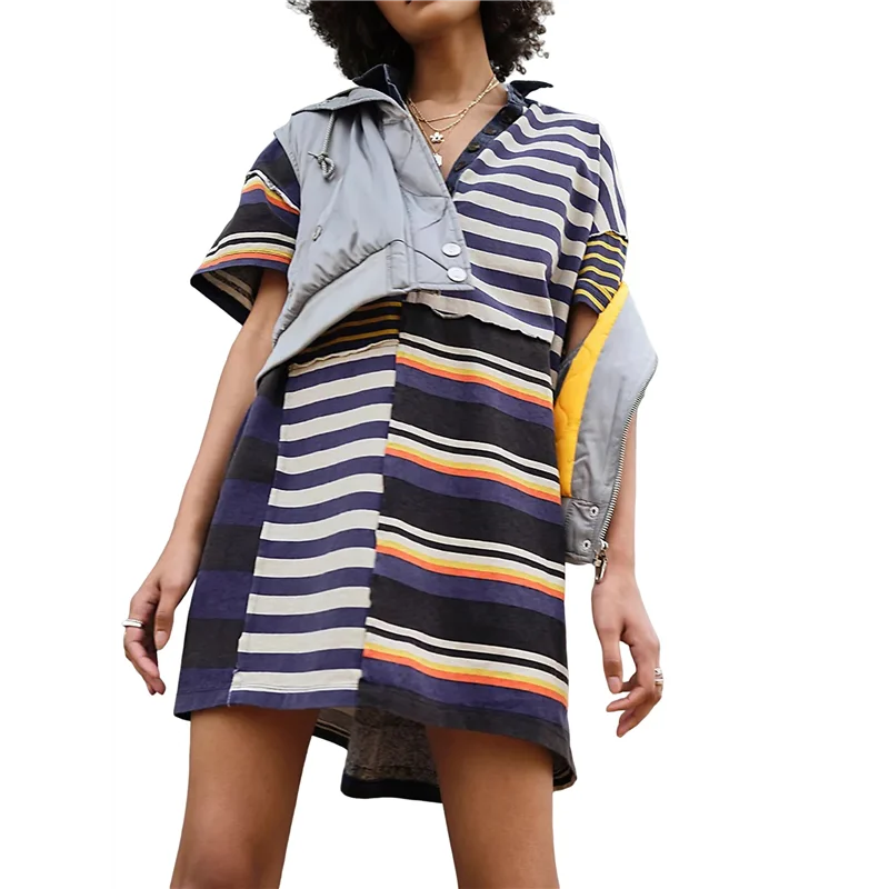 ABP-Women Contrast Striped Babydoll Y2k Summer Patchwork Mini T- Shirt Vintage V Neck Short Sleeve Dress