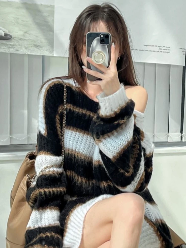 Deeptown Vintage Striped Oversized Sweater Women Harajuku Knitted Casual Jumper Korean Fashion Loose Knitwear Pullover Y2K Tops