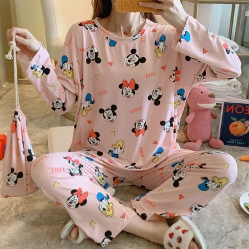 Disney Mickey Mouse Pajama Set Sleepwear Cartoon Anime Long Sleeved Shirt Pants Women Spring Autumn Warmth Tops Homewear Suit