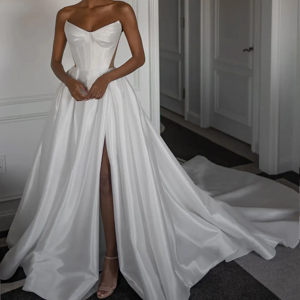 

Boho Beach Satin Pleated Wedding Dresses With Slit Strapless Bridal Party Gown For Women Long Ball Gown Vestidos de novia