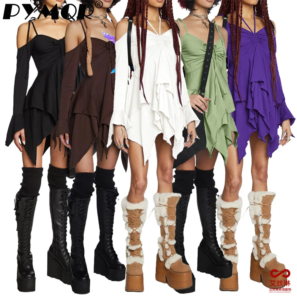 

PYMQR New Pleated Halloween Performance Dress Y2K Irregular Strap Dress 2023 Autumn Club Party Streetwear Women Clothing