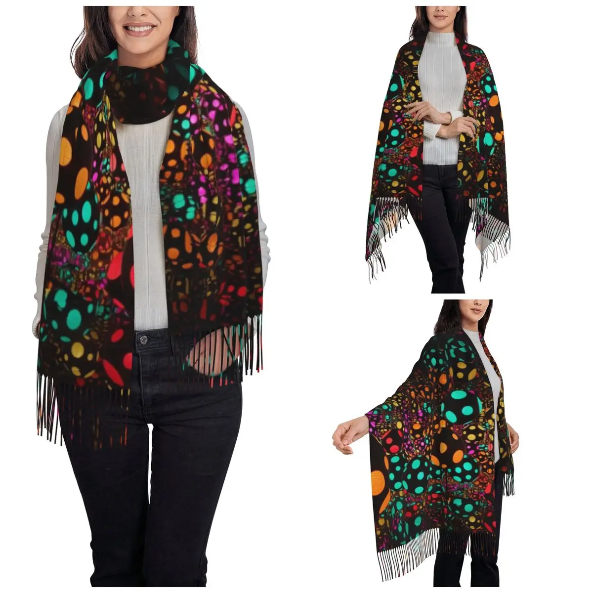 Yayoi Kusama Shawls Wraps Womens Winter Warm Single-sided Pattern Scarf Light Ball Colorful Mystery Pashmina Tassel Scarves