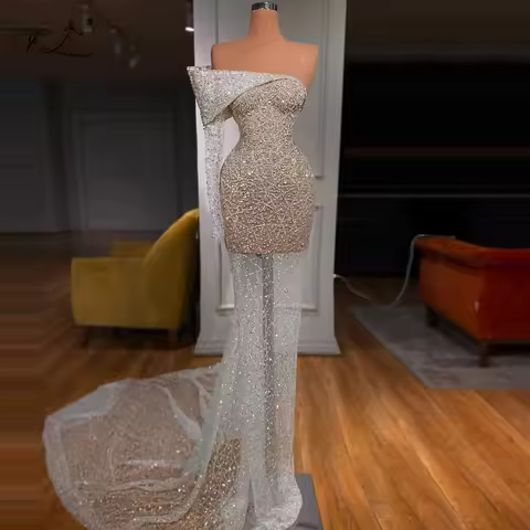 Irregular One-Shoulder Sleeve Cocktail Dresses Long Evening Glitter Rhinestone Party Dresses Wedding dress 2026