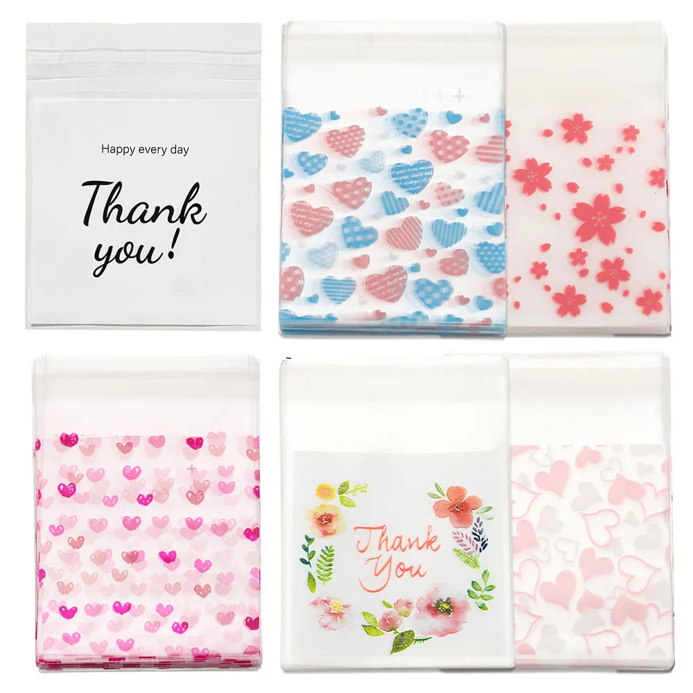 50Pcs Plastic Packing Bags for Biscuits Candy Cookies 7x7+3cm Flower Self-Adhesive Bags Jewelry Party Gift Packaging