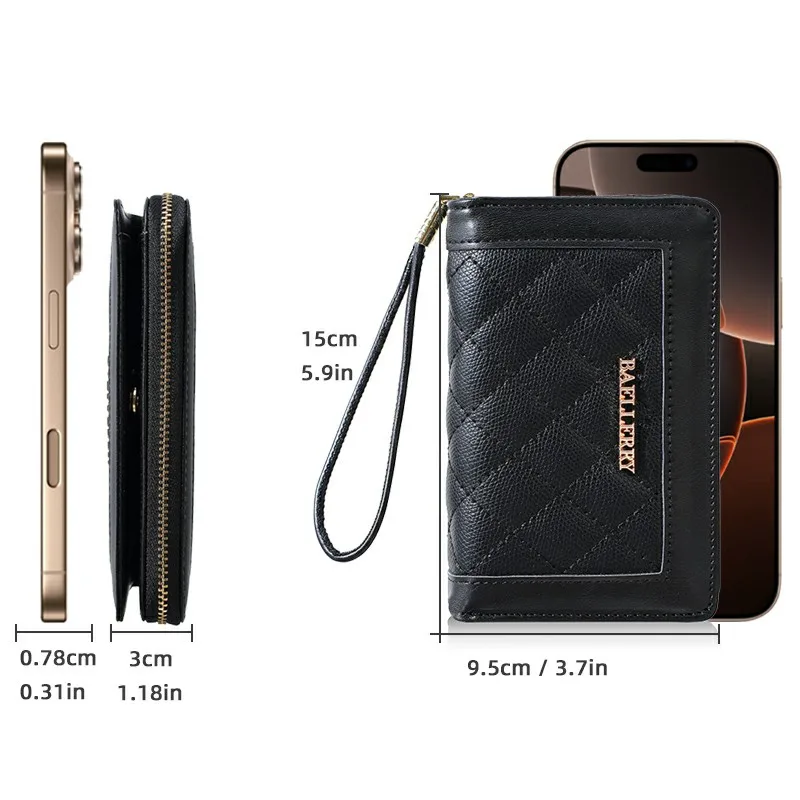 1pc-Baellerry Diamond Pattern Women's Zipper Wallet, PU Foldable Wrist Purse with Hand Strap, Multiple Card Slots, ID Window, Passport Holder, Women's Preferred Gift