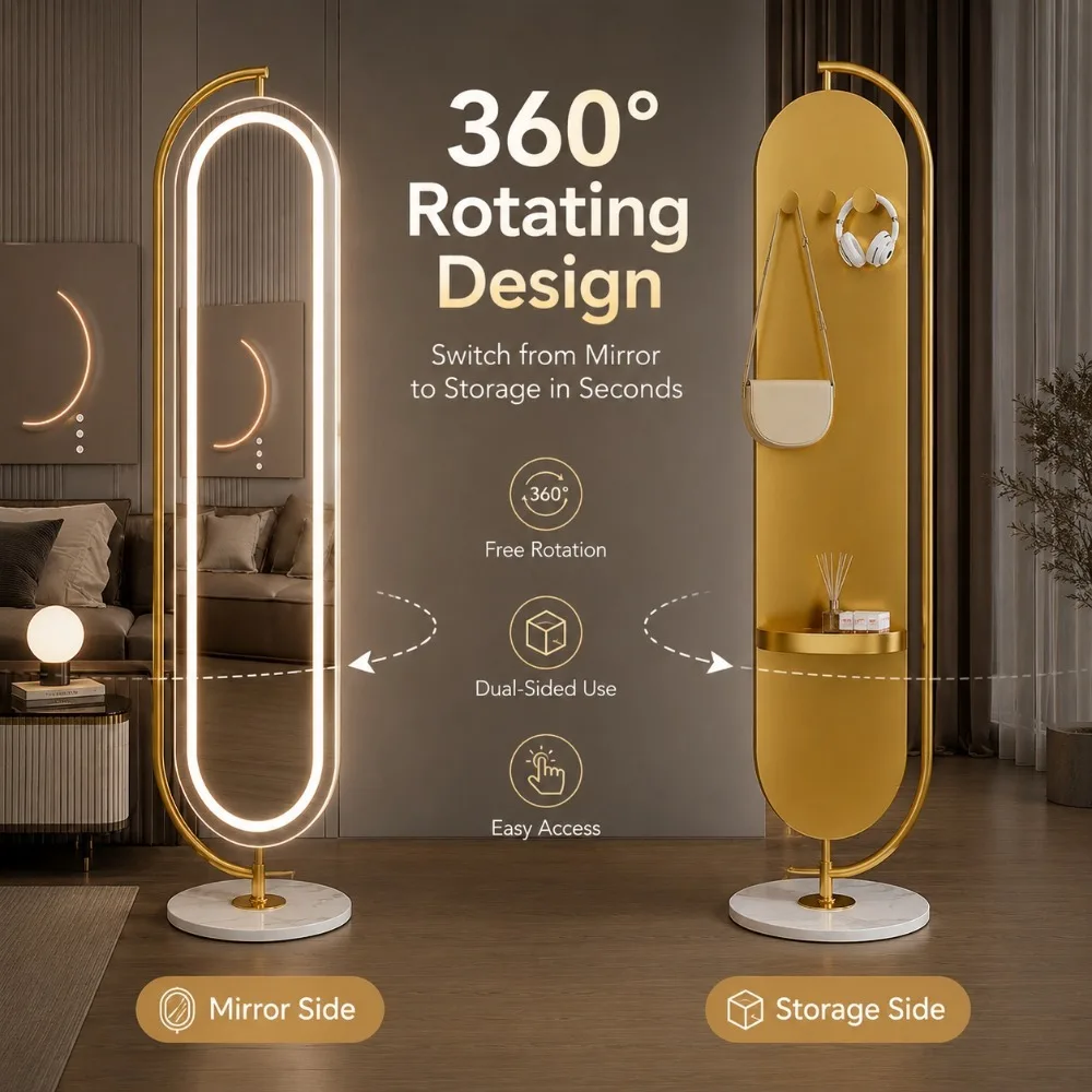 LED Full Length Mirror 360 Rotating Floor Mirror with Lights Touch Dimming Dressing Mirror Storage Stand Bedroom