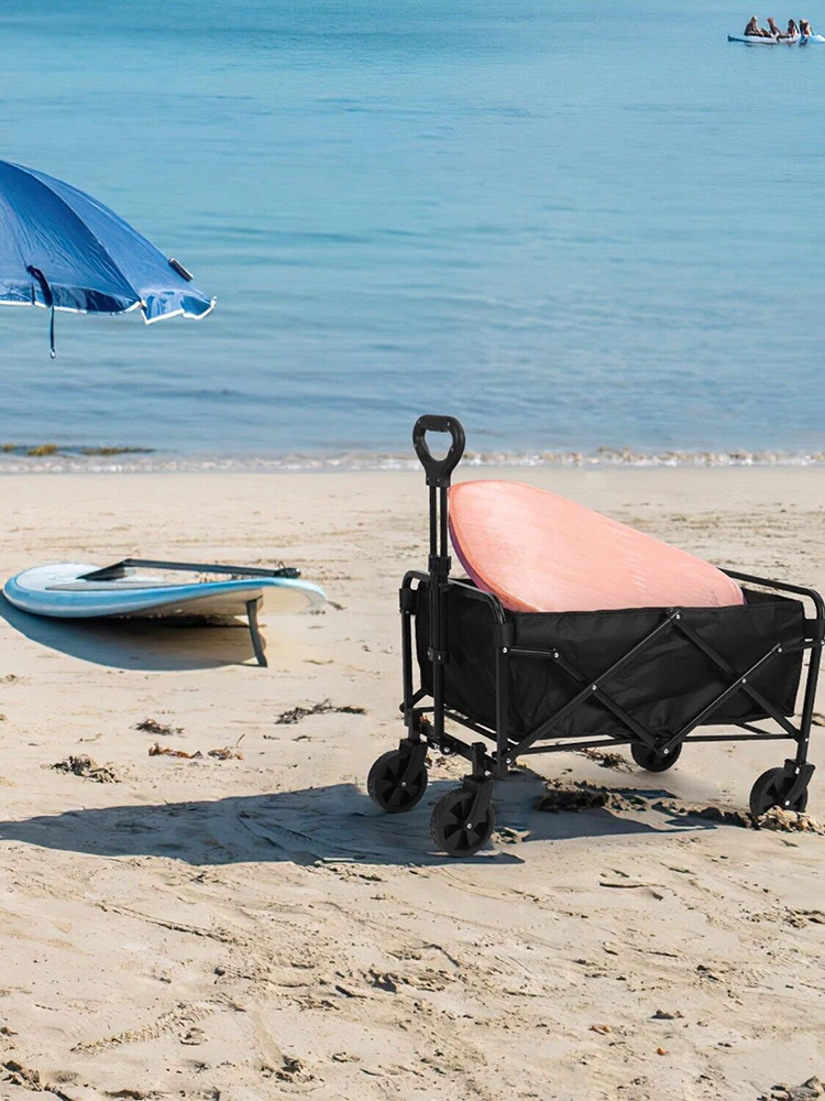 Beach Folding Cart with 4-Wheels Trolley Heavy Duty Camping Wagon Multifunction Garden Hand Cart Large Capacity Shopping Wagon