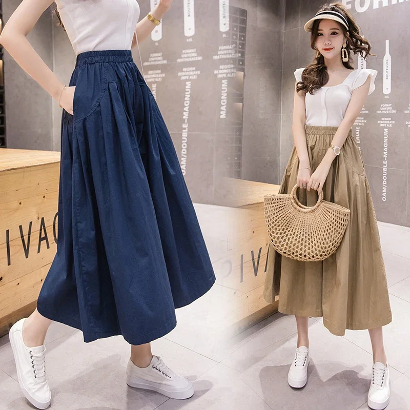 

Pocketed Pleated Wide Leg Cargo Pants Women Summer and Autumn Solid Color Pants Korean Style Fashion Skirt Pants Cotton X119