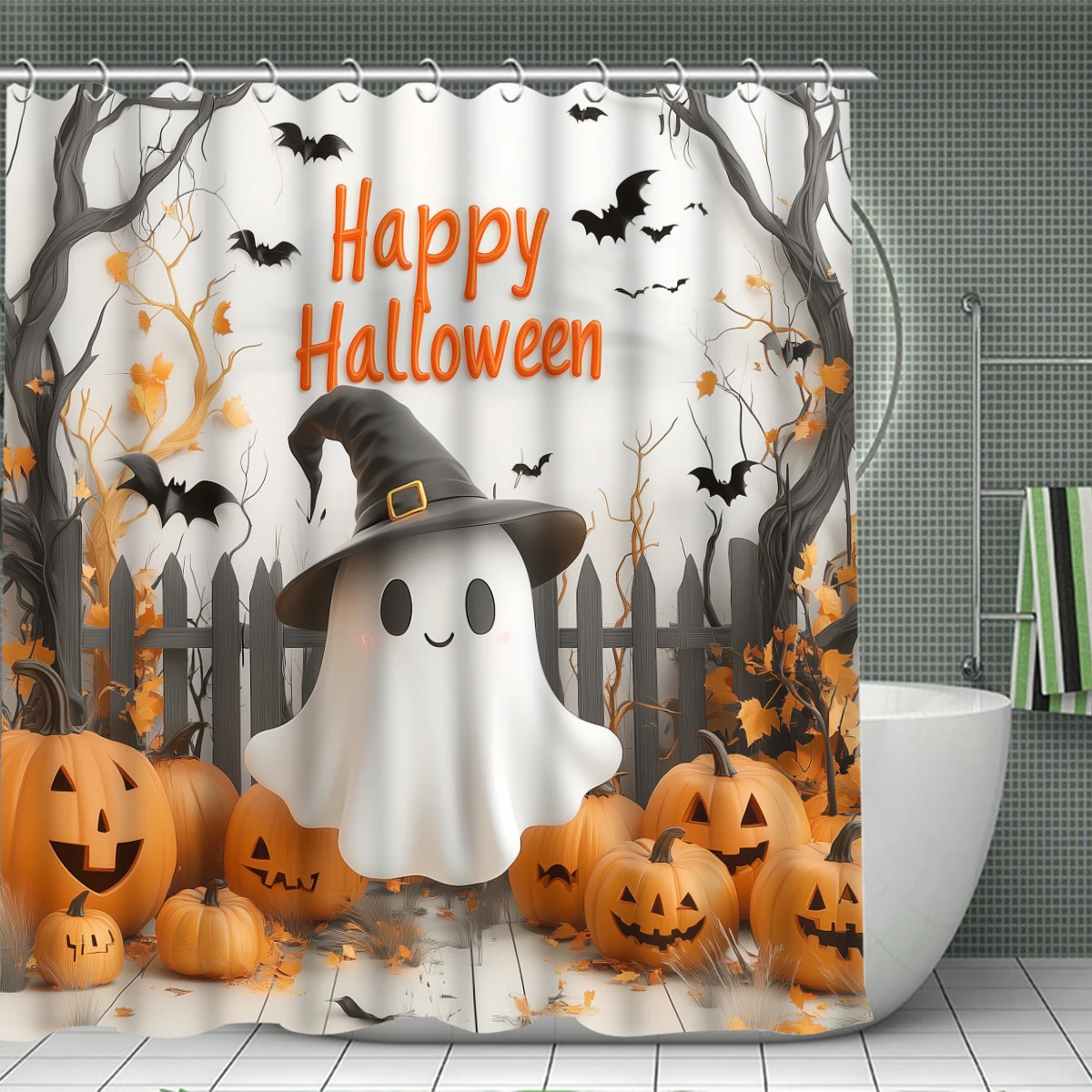 1/4PC Halloween pumpkin Cartoon fear shower curtain set,waterproof shower curtain and waterproof non-slip carpet,12free hooks