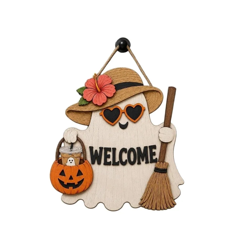 2D Flat Ghost Door Hanging Cartoon Pattern White-Clad Ghost Theme Halloween Welcome Door Sign Rustic Style Wooden Doorplate