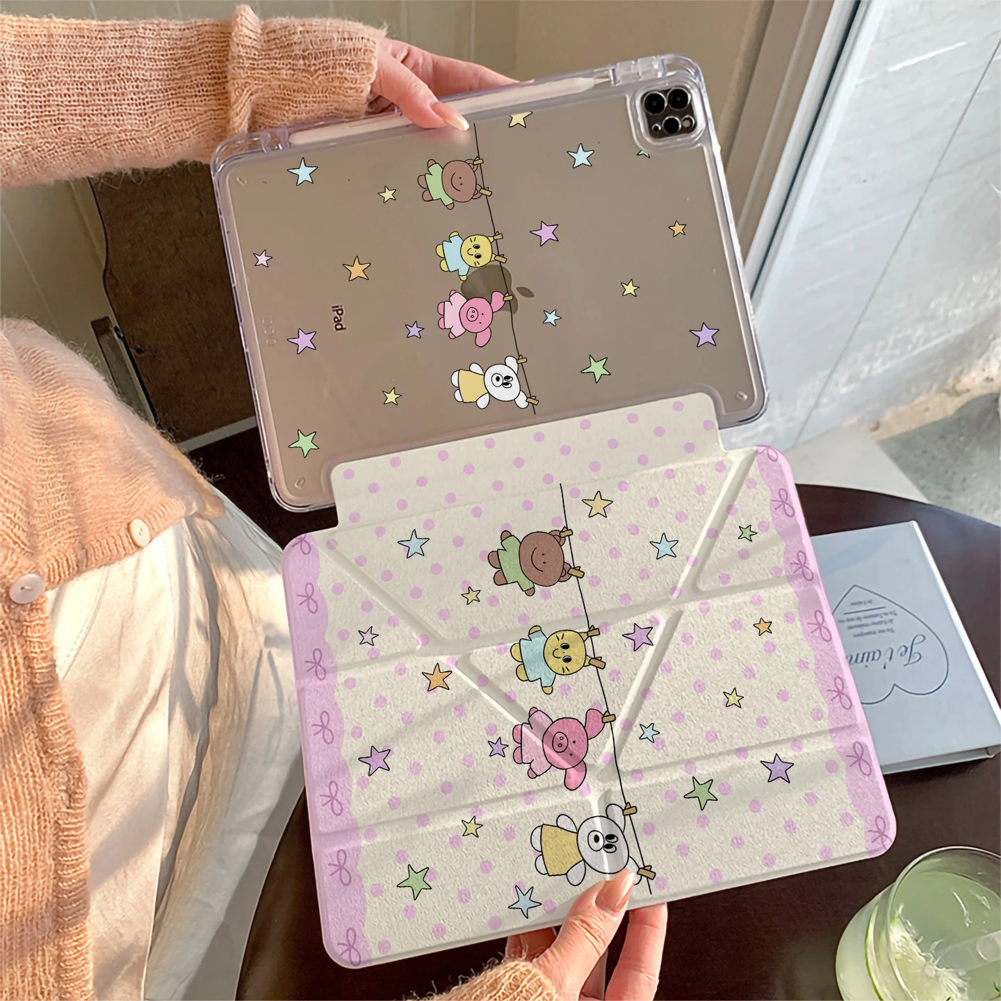 Cute Pink Polka Dot Star Doll Tablet Case For iPad Pro 11 12.9 13 A16 M2 M4 M3 M5 Shell 5/6/7/8/9/10/11th Mini Air 3 4 5 6 Cover