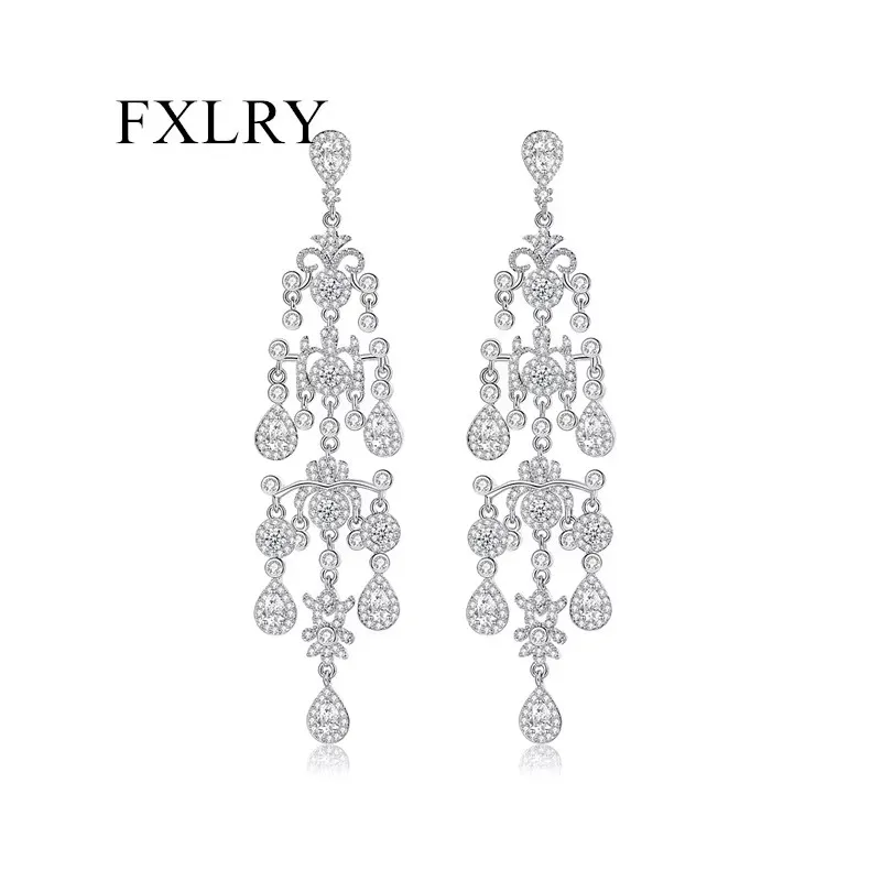 

FXLRY High Quality Cubic Zircon Copper Geometry Drop Earrings For Women Drop Shape Girl Wedding Bridal Jewelry Gift