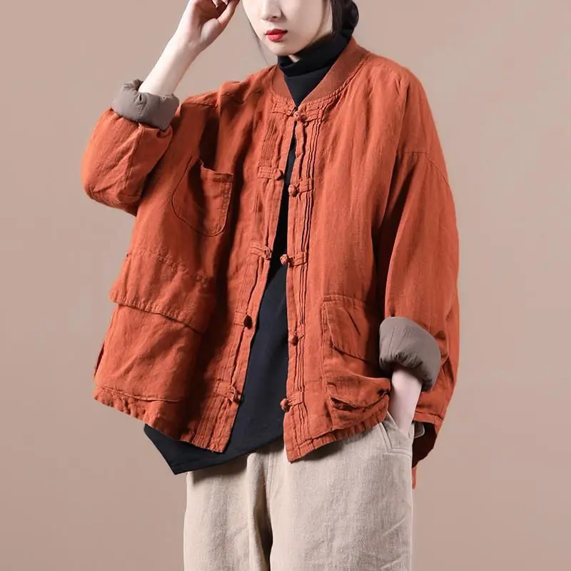 Cotton And Linen Coat Clothes Women\'s Fall Winter Quilted Jacket Casual Retro Loose Chinese-Style Disc Button Padded Parka h2057