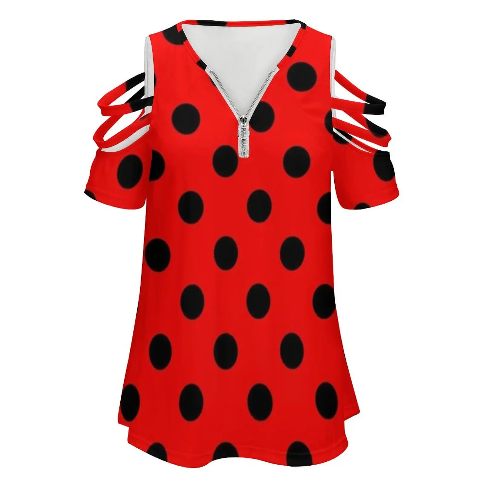 Red And Black Polka Dots | Pattern | Halloween Outfit Women Zipper Sexy Printed Vintage T Shirts Tops Full Print T-Shirt