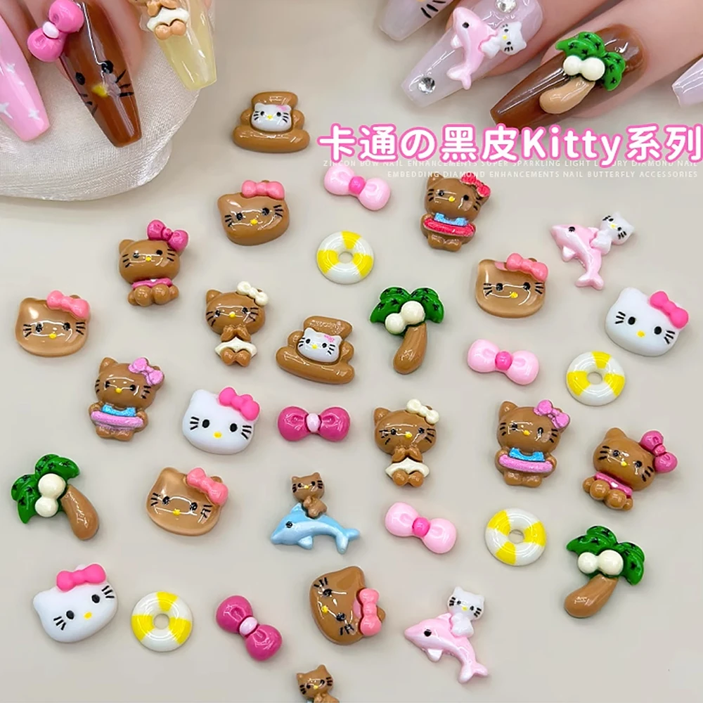 100pcs 3D ฮาวายฟอกหนัง Kitty ตกแต่งเล็บน่ารักบิกินี่ HelloKitty สีชมพูว่ายน้ํากระโปรงเล็บ Charms Y2K ฤดูร้อนเล็บอะไหล่