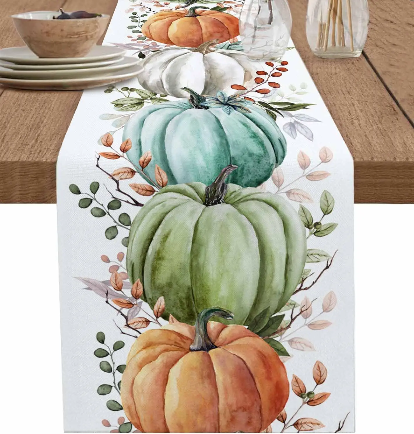 Fall Harvest Pumpkins Linen Table Runner Dress Scarves Reusable Farmhouse Kitchen  Dining Table Runner Thanksgiving Decorations