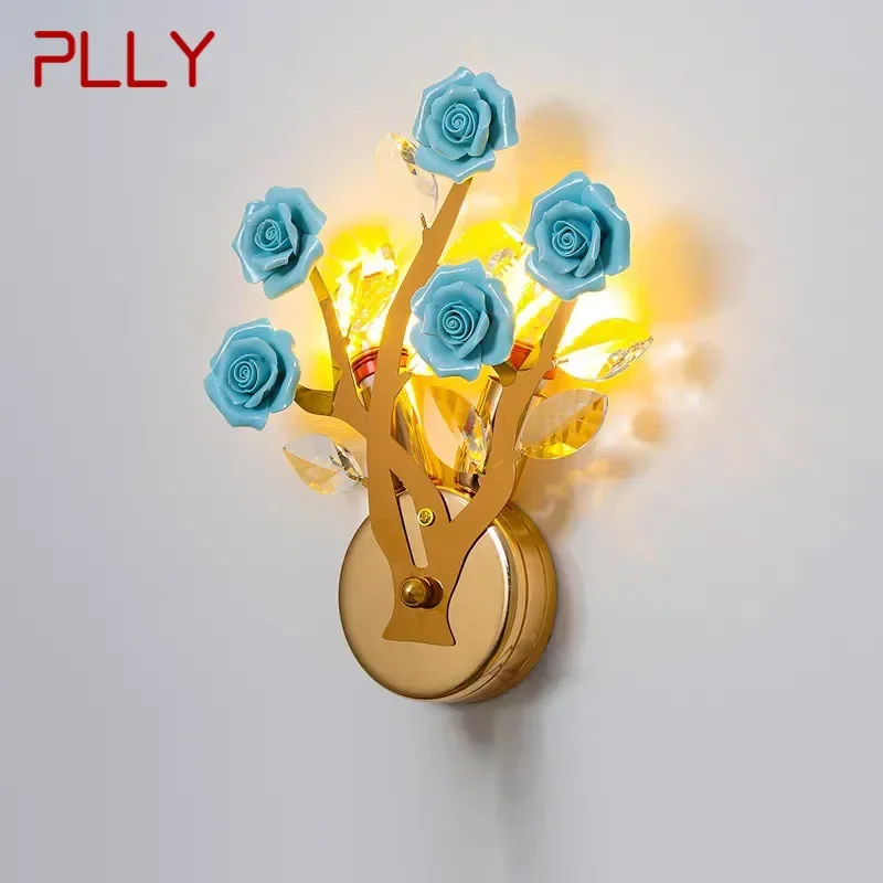 PLLY Contemporary Crystal Wall lamp Creativity Ceramics Rose Blossoms Living Room Bedroom Girl's room Villa LED Bedside Light