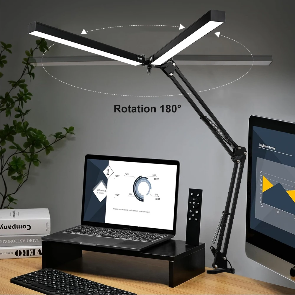 24W 160LEDs Task Lamp Reading Adjustable Eye-Caring Desk Light with Clamp Swing Arm Lamp for Home Office 360°Spin with Adapter
