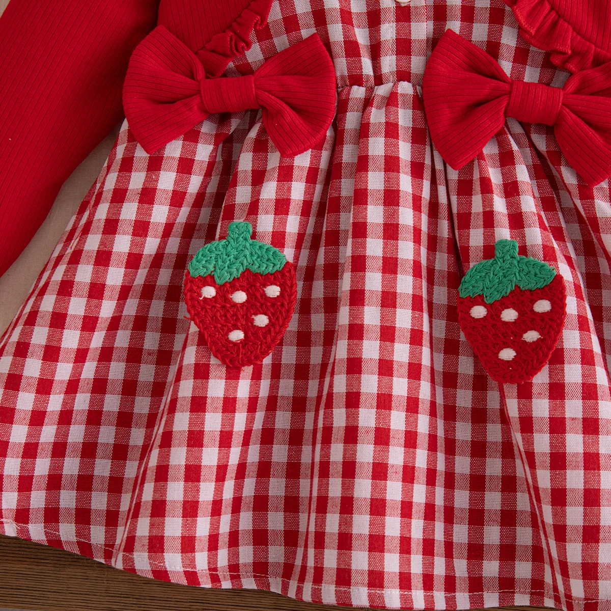 Frühling Herbst Baby Mädchen Rotes Kariertes Kleid mit Erdbeer-Stickerei und Schleife Langarm-Kleid für Mädchen Festliche Partykleidung – Detail 10