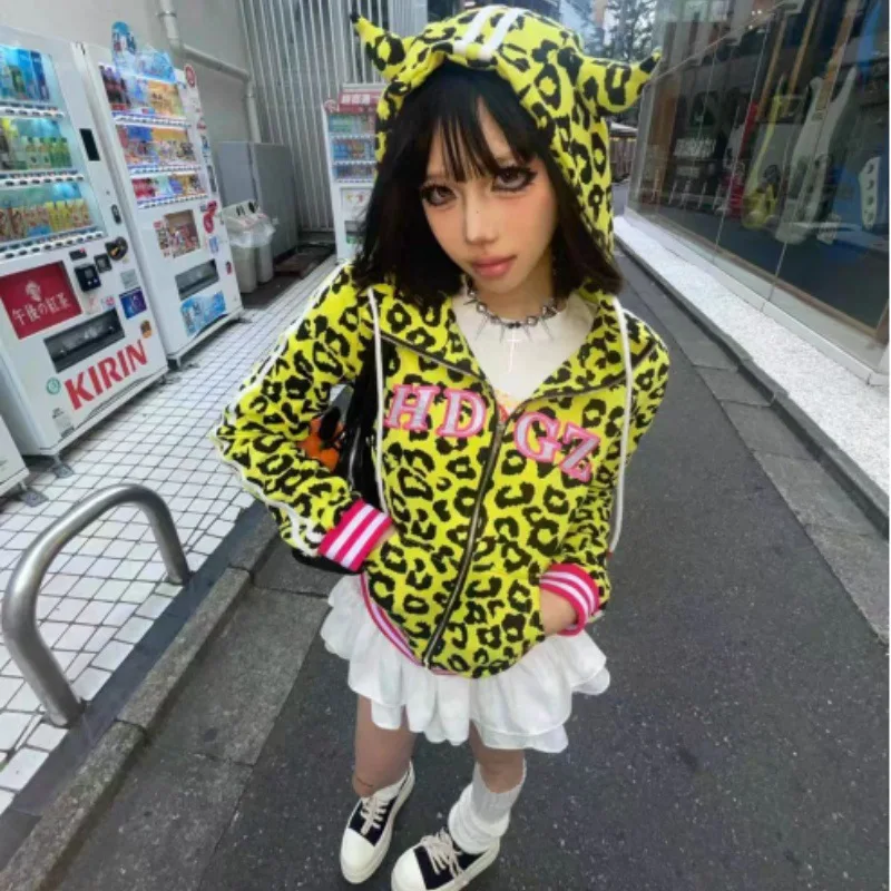 Yellow Leopard Print Devil Horn Hoodie Zipper Jacket Men's Style XGY2K Customizable Personalized Streetwear Sweatshirt