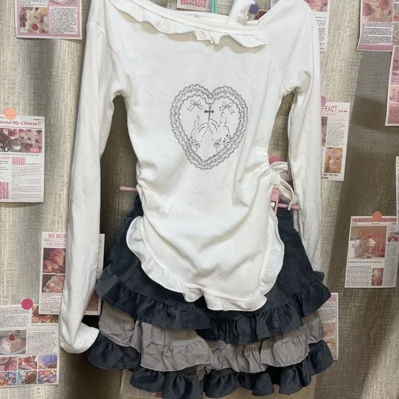 

Японский кавайный комплект из двух предметов, женский милый костюм с принтом кролика, милая юбка, женский корейский тонкий топ + юбка принцессы, новинка осени