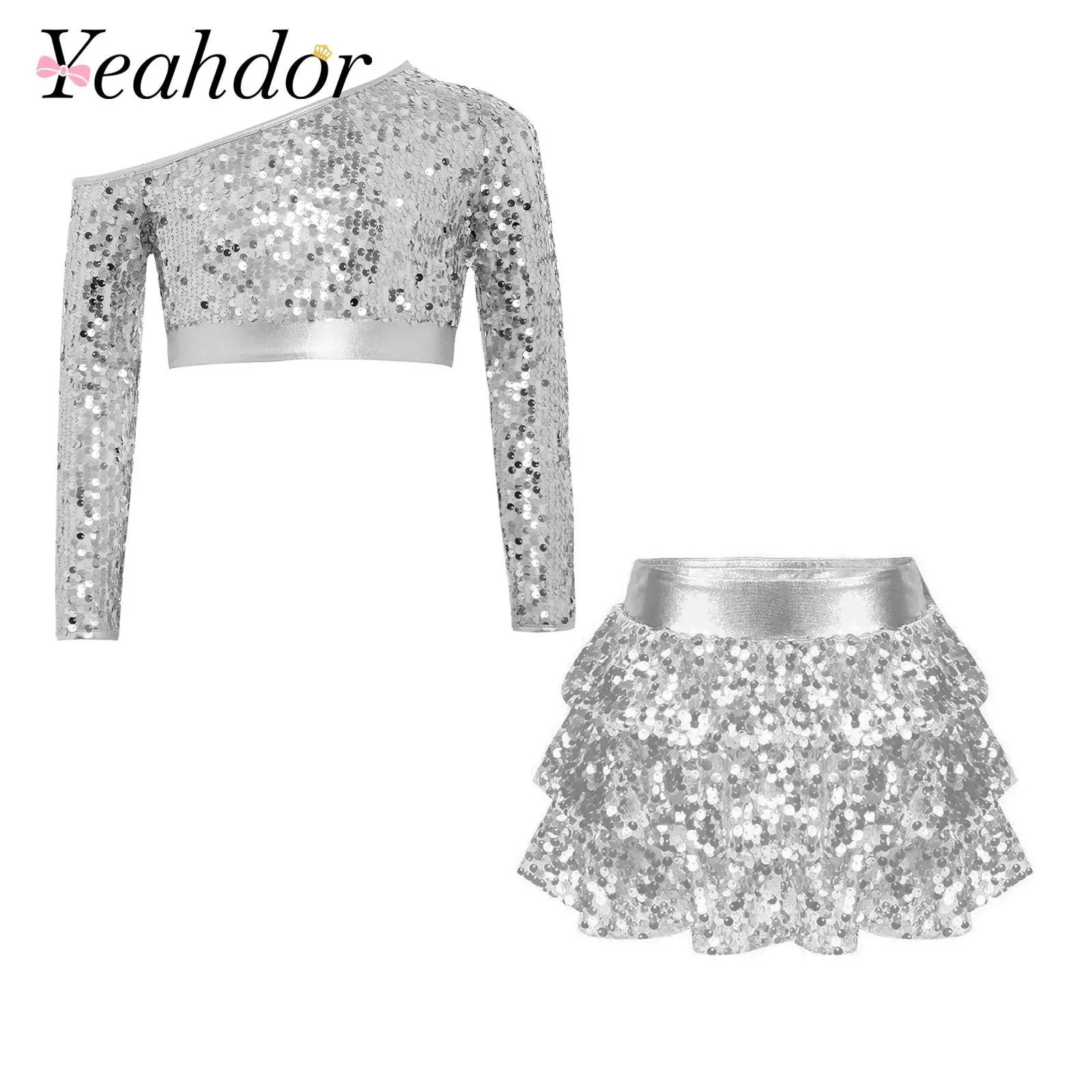 Kids Girls One Shoulder Disco Outfit Children Clothing Crop Top with Culottes for Performance Sequins Jazz Dance Costume