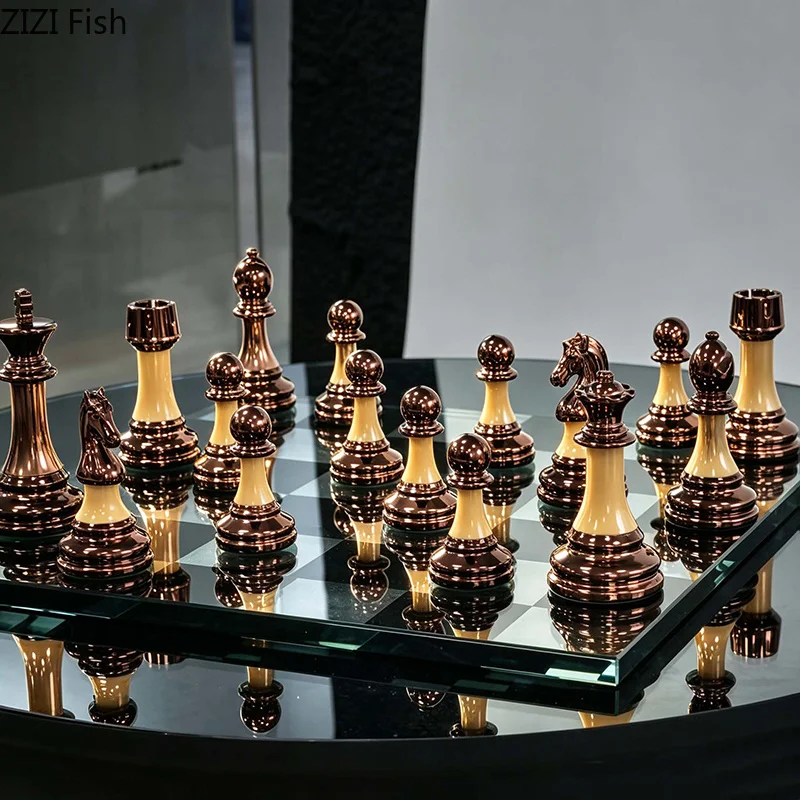 Tablero de Ajedrez de Cristal a Cuadros Blanco y Negro, Juegos de Ajedrez, Piezas de Ajedrez de Metal, Adornos Artísticos, Juegos de Ajedrez Casuales