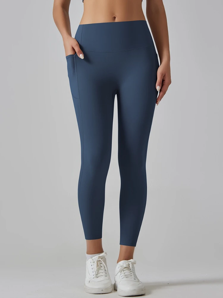 여성 의류 요가 레깅스 스포츠웨어 패션 캐주얼 솔리드 컬러 타이트 바지 여성용 포켓 달리기 피트니스 짐 롱 팬츠