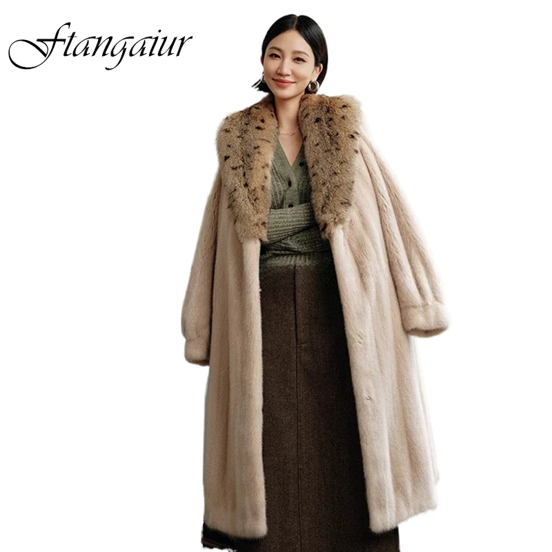 Ftangaiur Winter Import Velvet Mink Fur Coat Pure Color Turn-Down Collar Mink Coat Women  X-Long Natural Real Mink Fur Coats