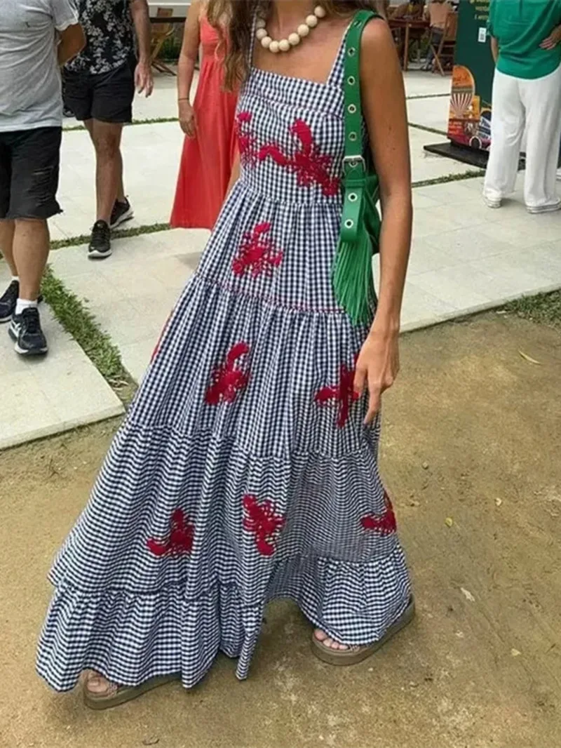 Robe longue à carreaux pour femmes, broderie d'écrevisses, à volants, sans manches, robe de plage, de vacances, décontractée, mi-longue, été, ZBZ8