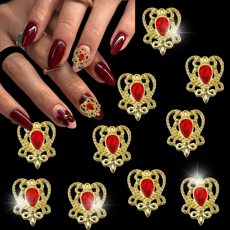 30PCS New collection of nail accessories: red heart-shaped gemstone, alloy-plated with diamonds, water droplet design.
