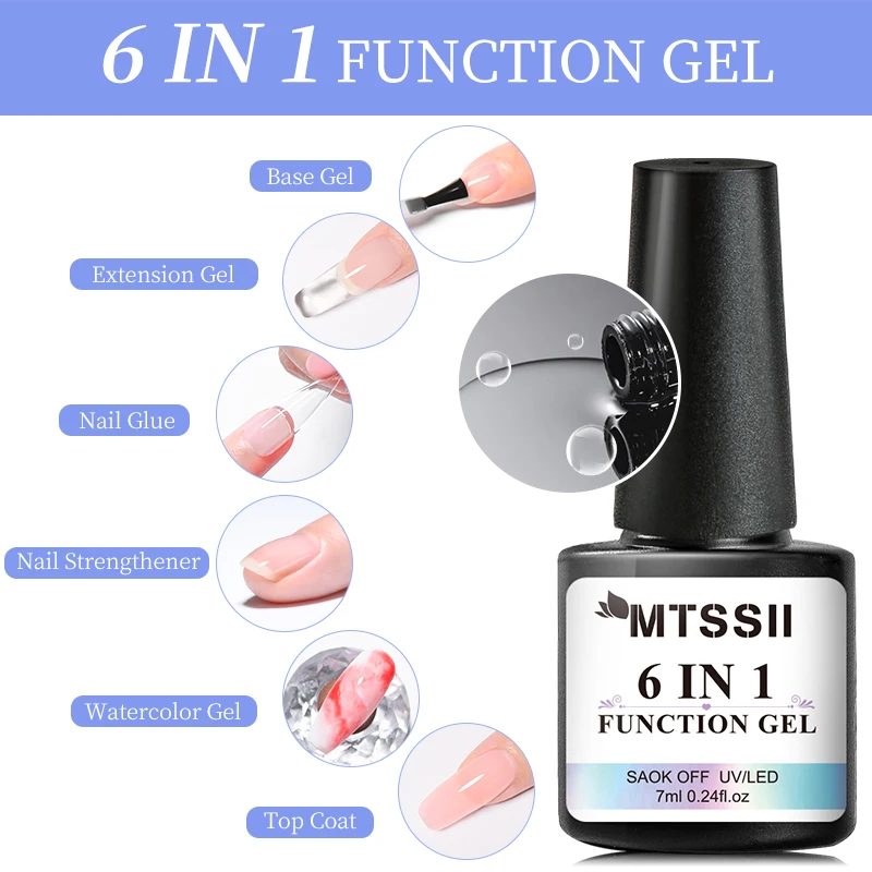 Mtssii 7ML 6 IN 1 Gel per colla per unghie per unghie acriliche Soak off Base Gel Top Coat Gel per unghie con estensione UV Gel per unghie finte