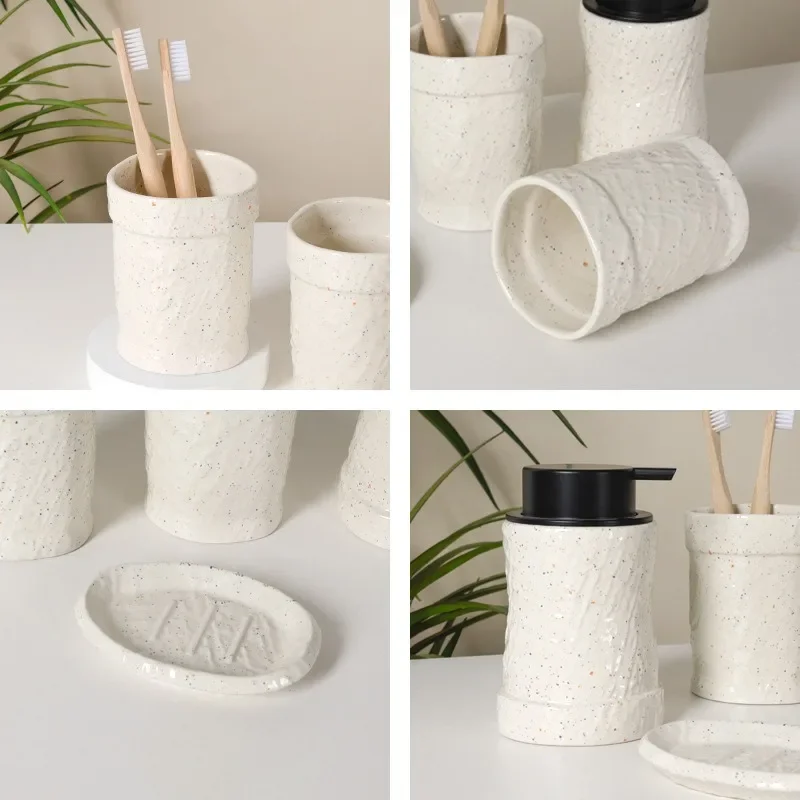 Minimalist Ceramic Bathroom Organizer Set, 4-Piece Soap Dispenser Cup Soap Dish,Brief Style Hotel Home Vanity Tray with Drainage